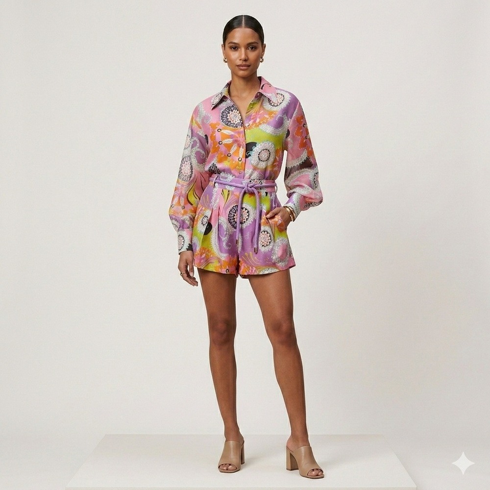 Alexis Saine Top Costa Shorts Womens Medium 2-Piece Set Linen Silk Retro Resort - Picture 6 of 16